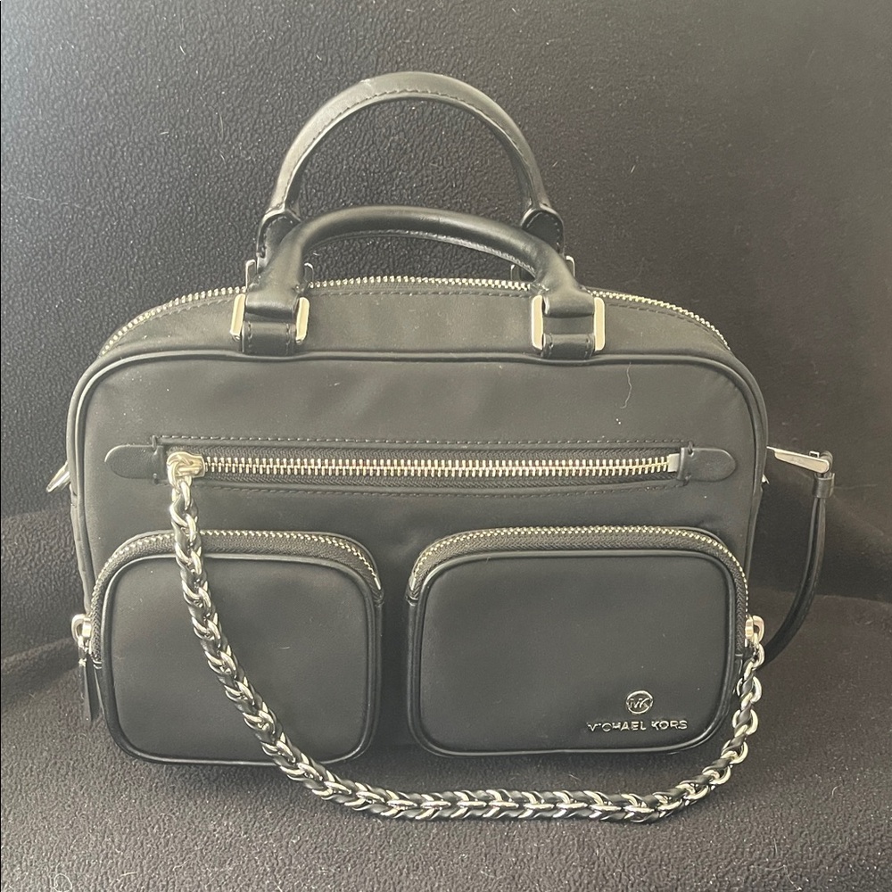 Michael Kors vinyl camera bag, leather trim with Chain Detail